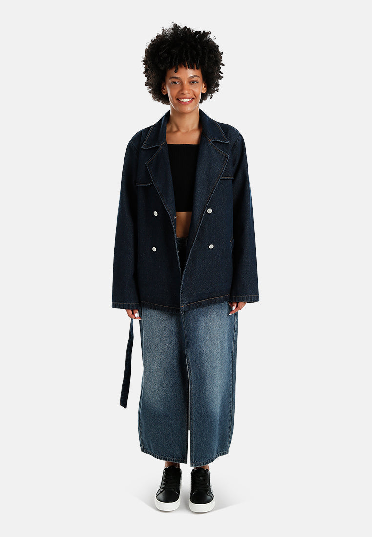 double-breasted denim trench with belt#color_indigo
