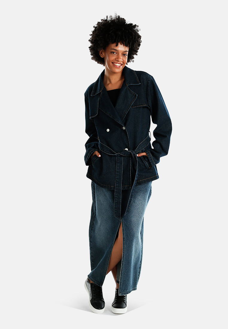 double-breasted denim trench with belt#color_indigo
