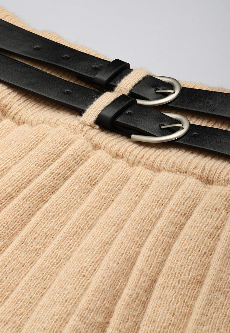 dual belt pleated skirt by ruw#color_khaki