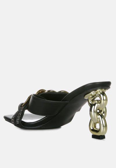 evelane metallic chain heeled diamante sandals#color_black