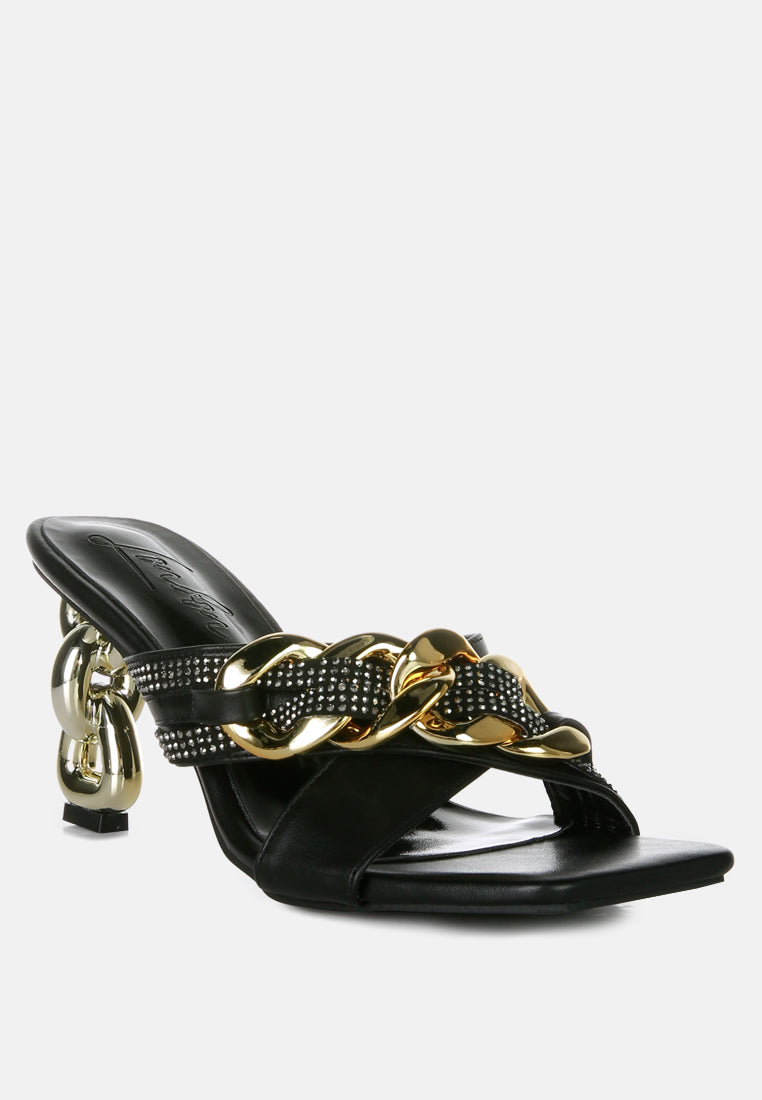 evelane metallic chain heeled diamante sandals#color_black