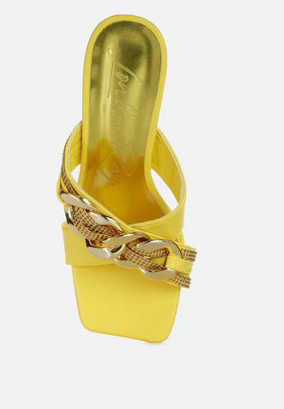 evelane metallic chain heeled diamante sandals#color_yellow