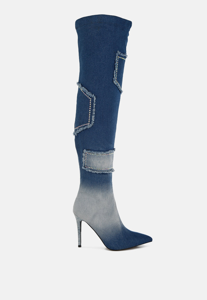 eilish rhinestones knee high denim boots#color_dark-blue