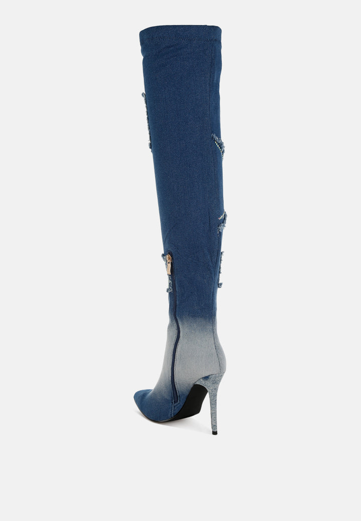 eilish rhinestones knee high denim boots#color_dark-blue