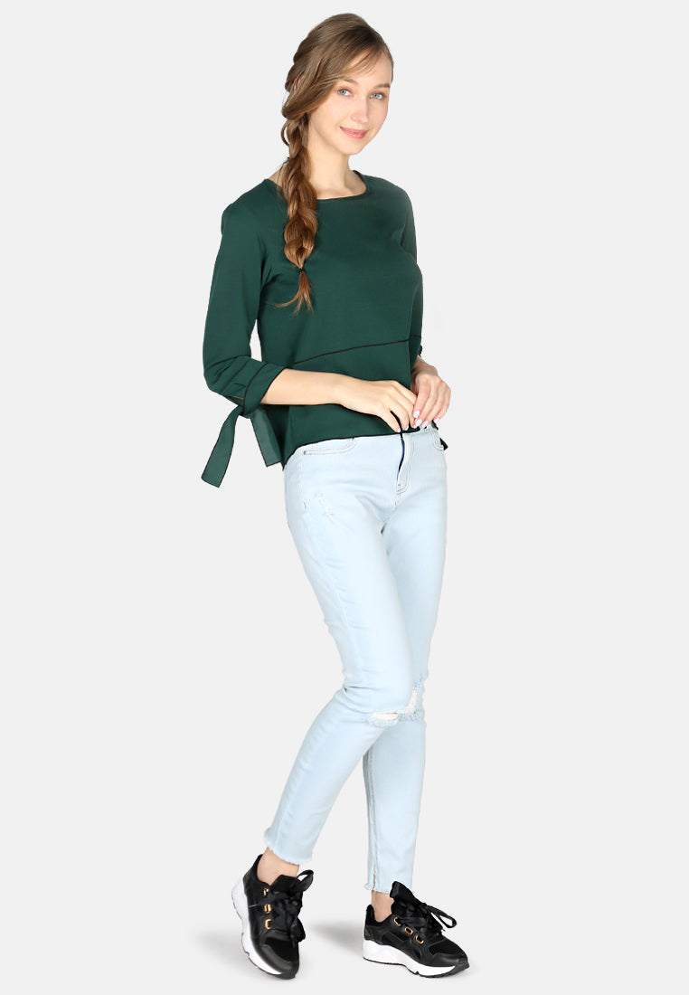 elbow sleeve casual top#color_green