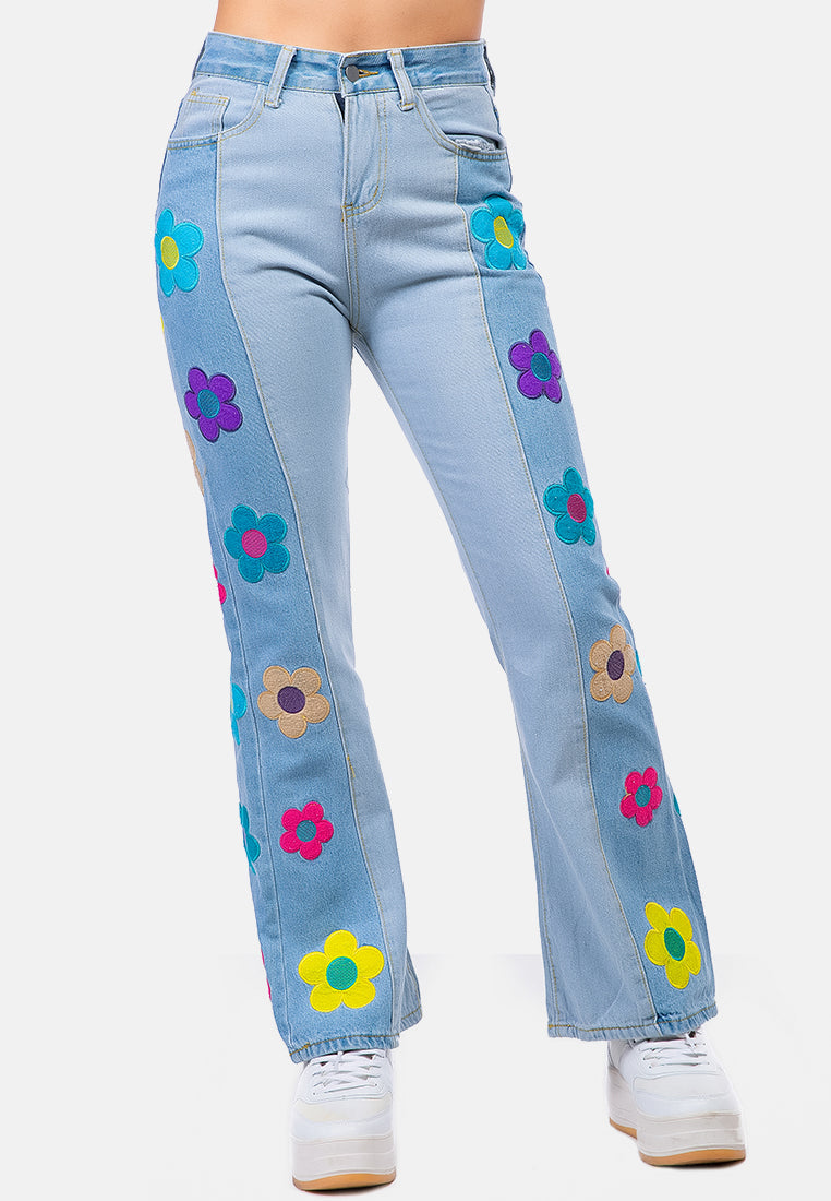 embroidered daisy paneled jeans pants#color_blue