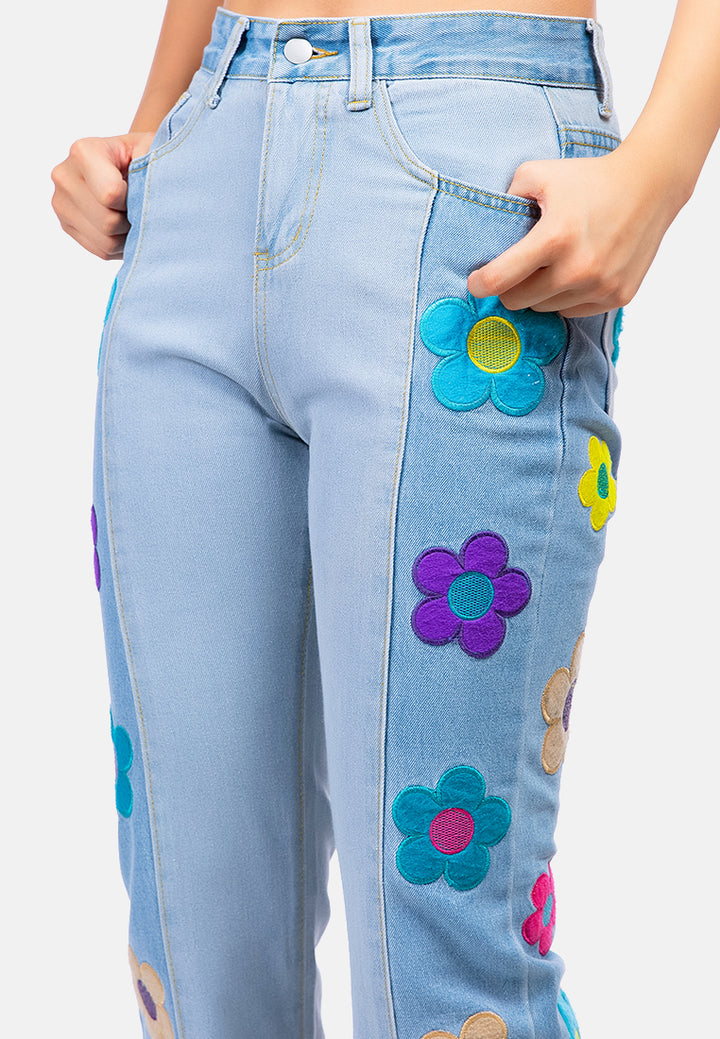 embroidered daisy paneled jeans pants#color_blue