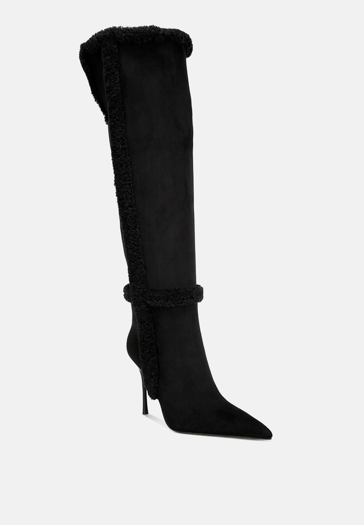 jenah faux Shearling detail Stiletto heel boots#color_black-suede