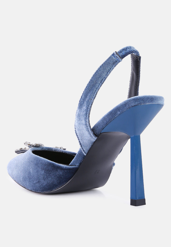 firebird velvet diamante detail heeled slingback mules#color_blue