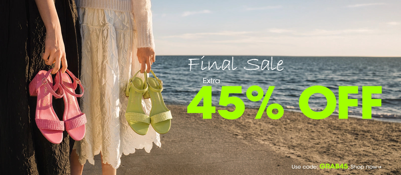 A beach-themed promotional banner showing two people holding pink and green sandals, with large text reading 'Final Sale Extra 45% OFF' over the ocean scene.