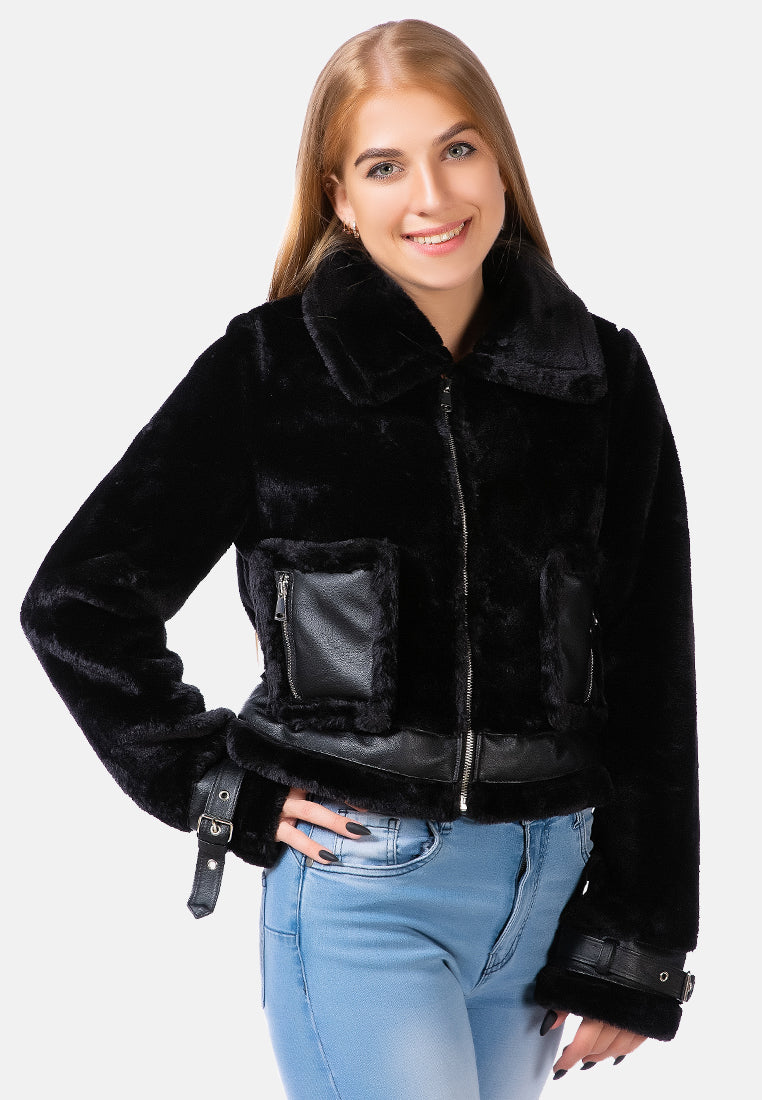 faux fur collared jacket#color_black