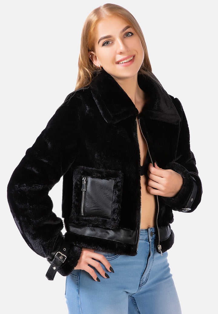 faux fur collared jacket#color_black
