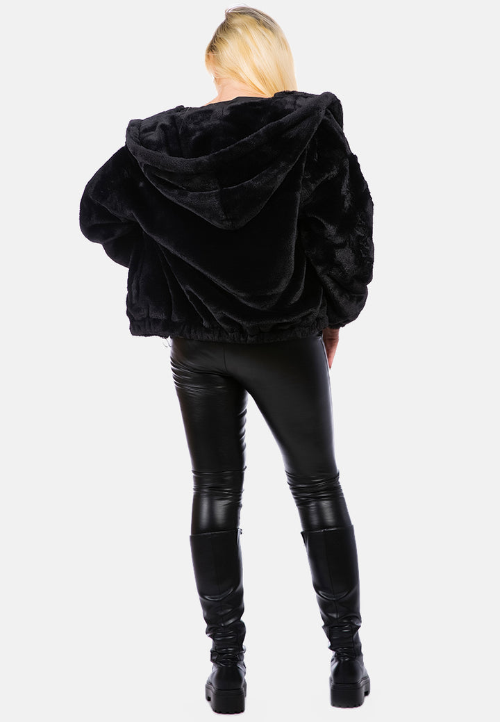 faux fur long sleeve hoodie jacket#color_black
