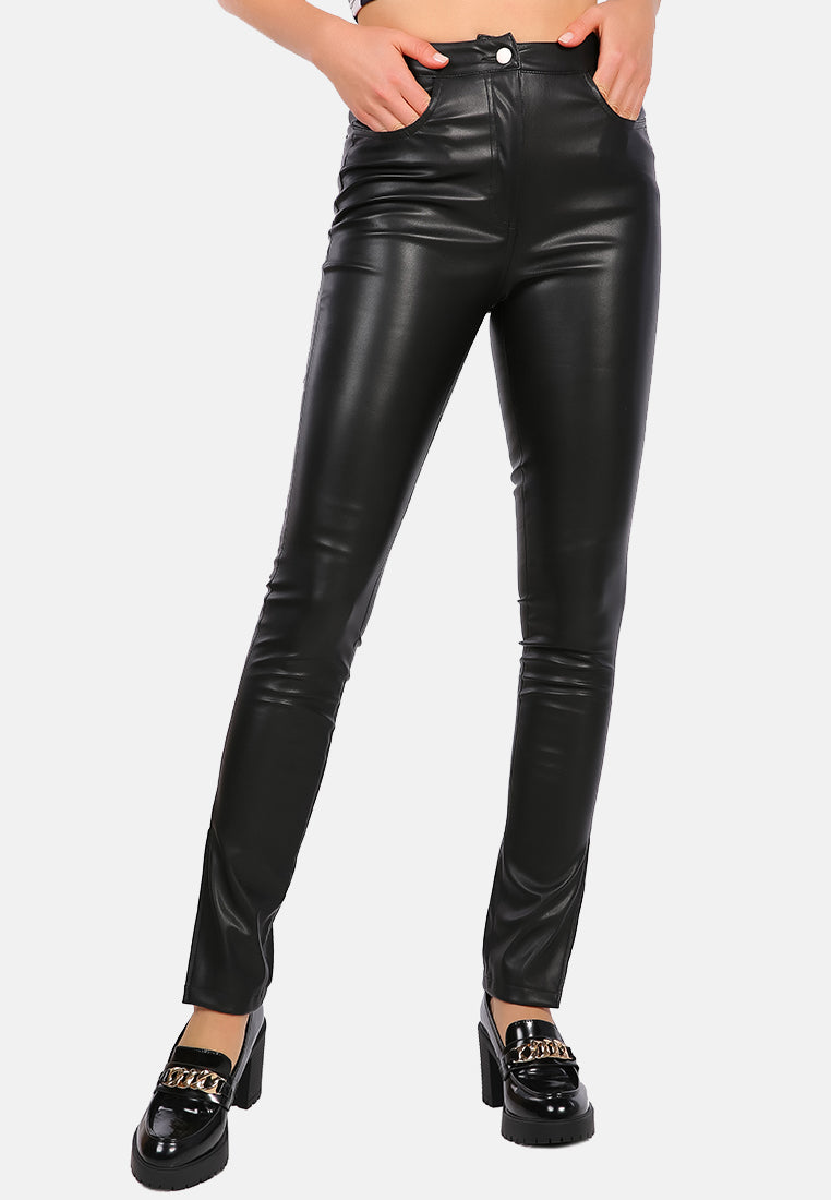 faux leather high waist split hem trouser#color_black