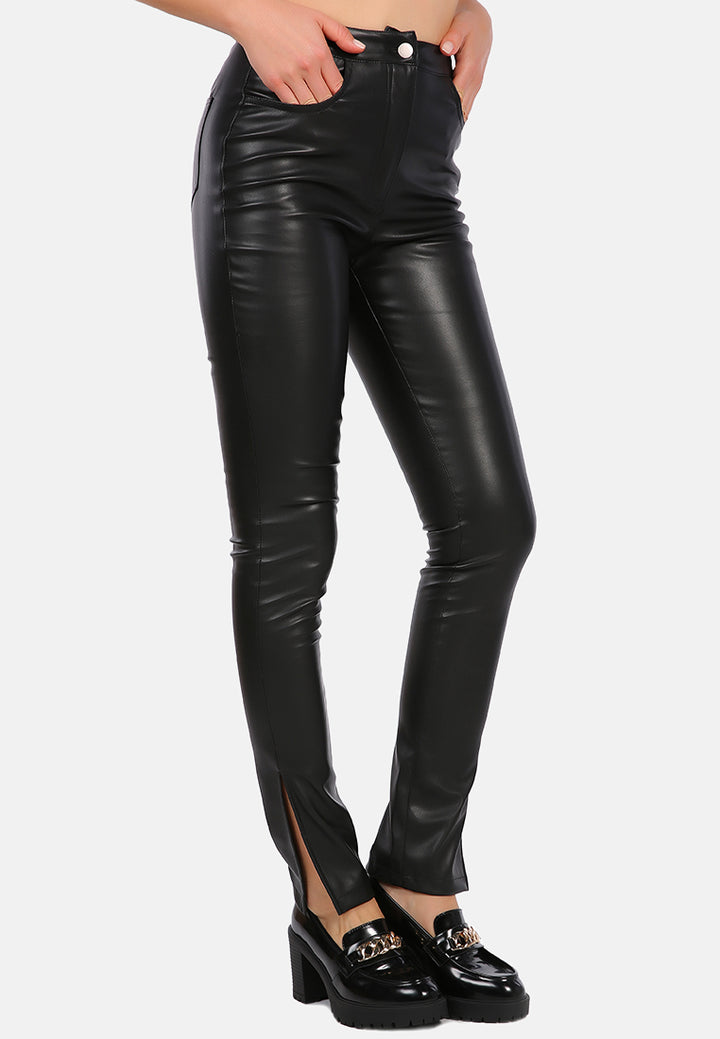 faux leather high waist split hem trouser#color_black