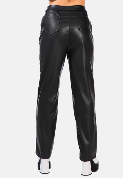 faux leather pleated high waist trousers#color_black