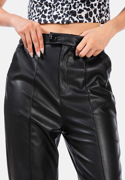 faux leather pleated high waist trousers#color_black
