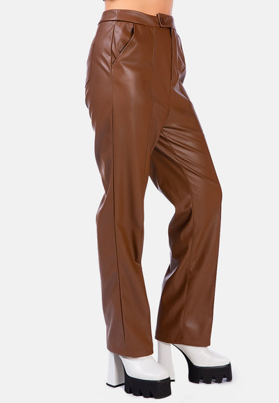 faux leather pleated high waist trousers#color_chocolate