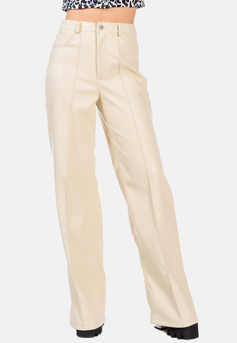 faux leather seam detail wide leg trousers#color_cream
