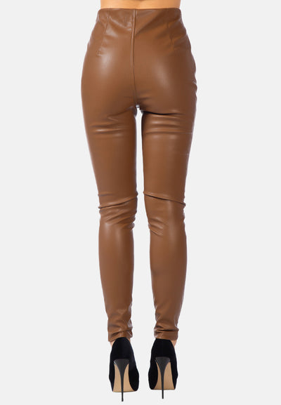 faux leather stitch detail high waist leggings#color_chocolate