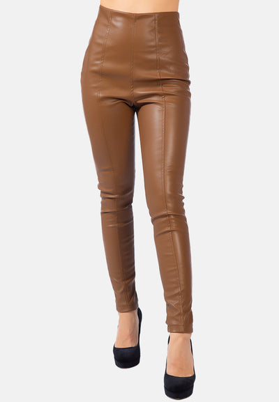 faux leather stitch detail high waist leggings#color_chocolate