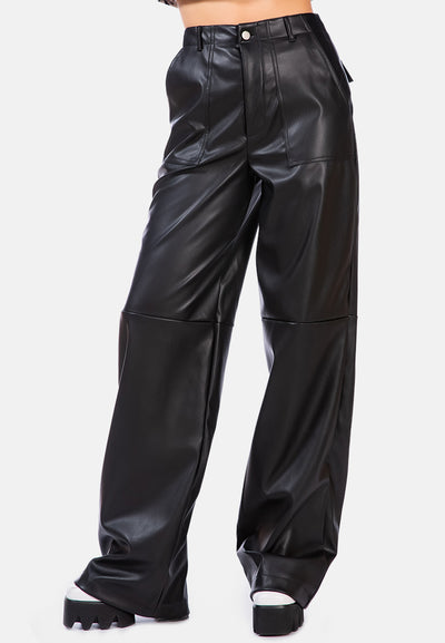 faux leather stitch detail panelled pants#color_black