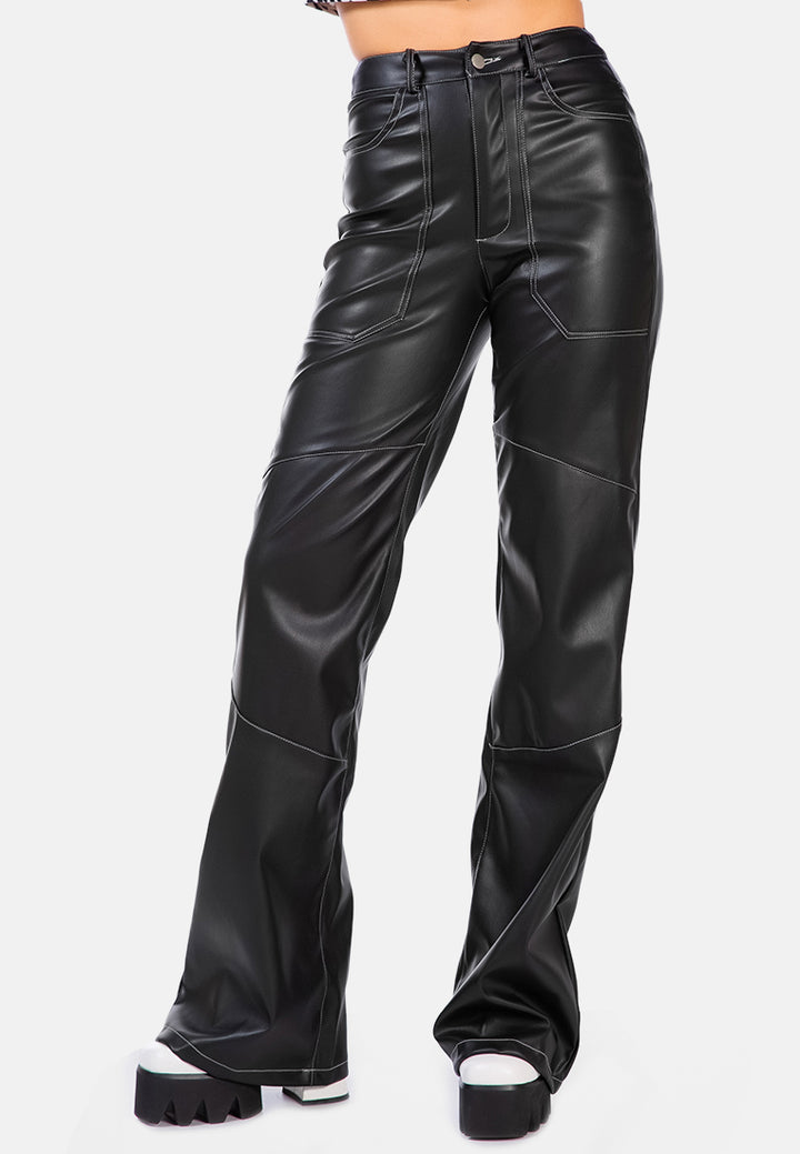 faux leather contrast stitch panelled pants#color_black