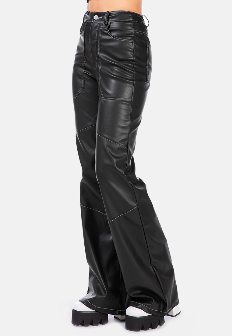 faux leather contrast stitch panelled pants#color_black
