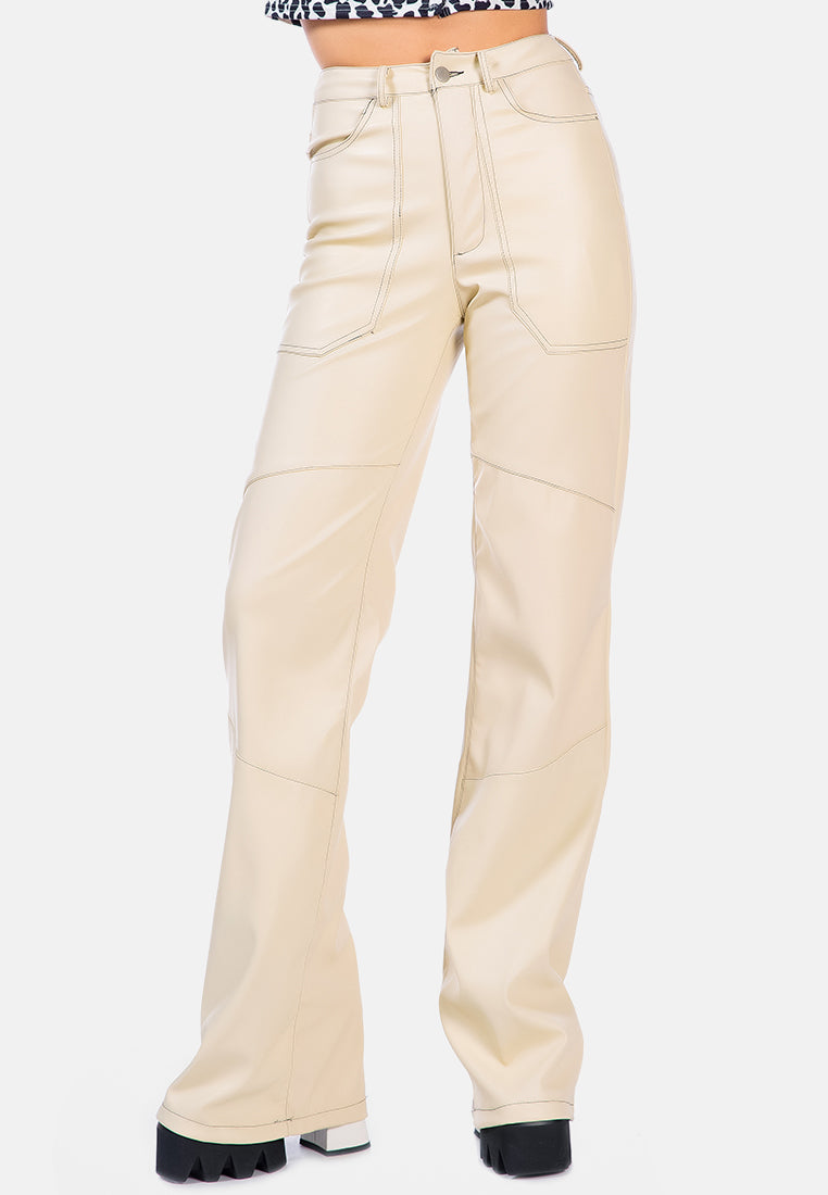 faux leather contrast stitch panelled pants#color_cream