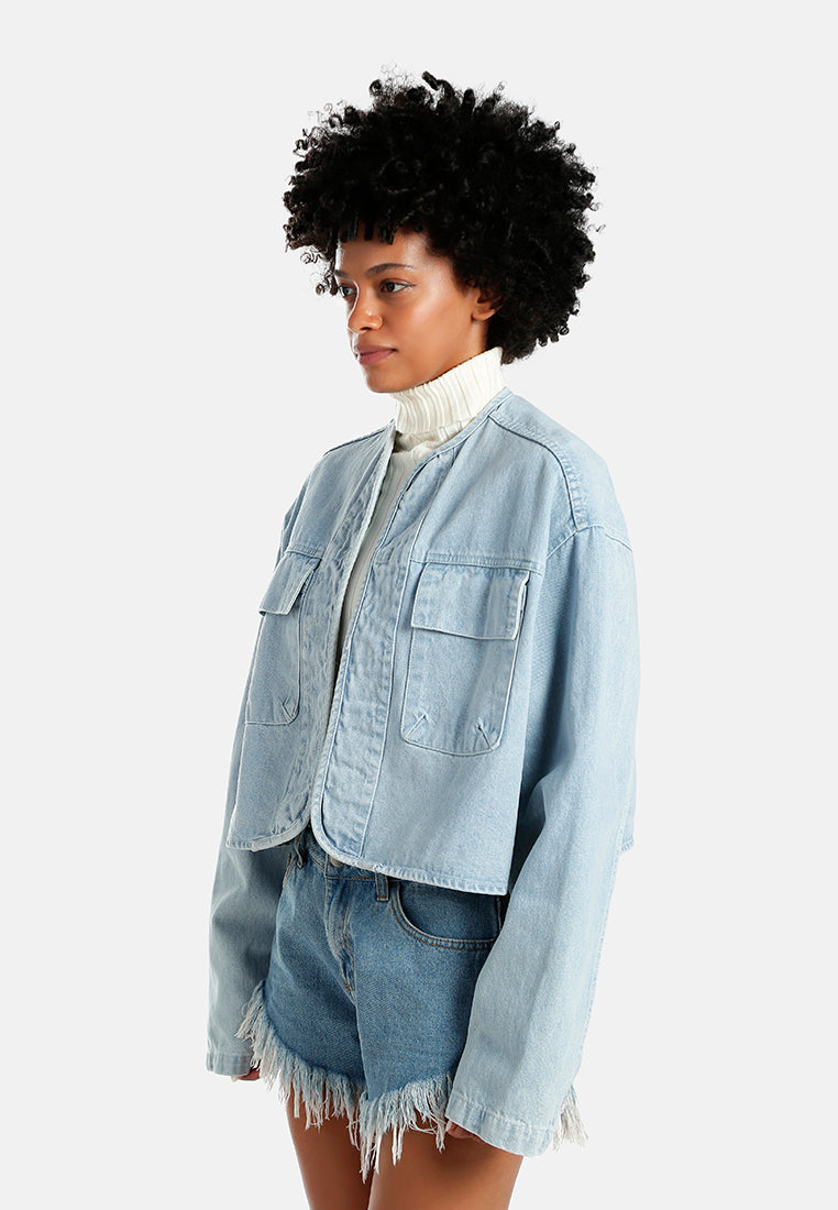 flap pockets denim jacket#color_light-blue