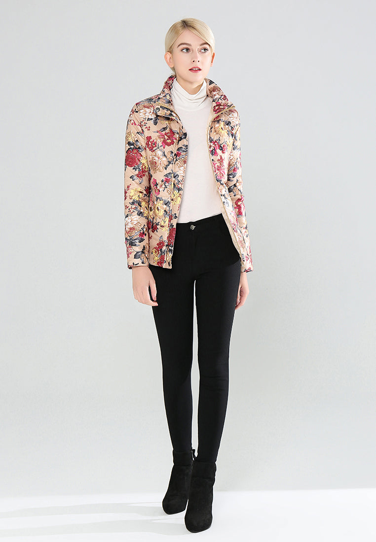 floral print high neck puffer jacket#color_beige