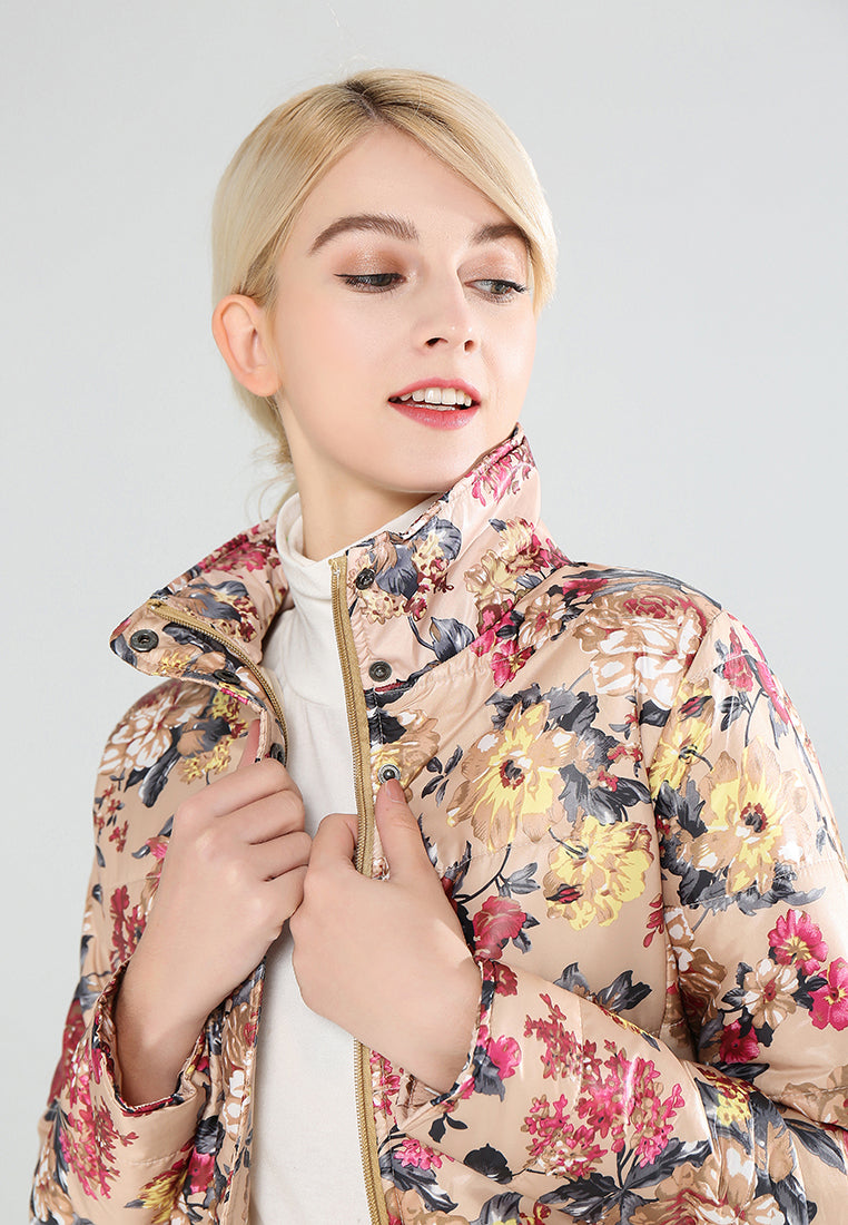floral print high neck puffer jacket#color_beige