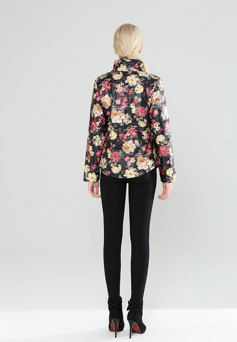 floral print high neck puffer jacket#color_black-floral