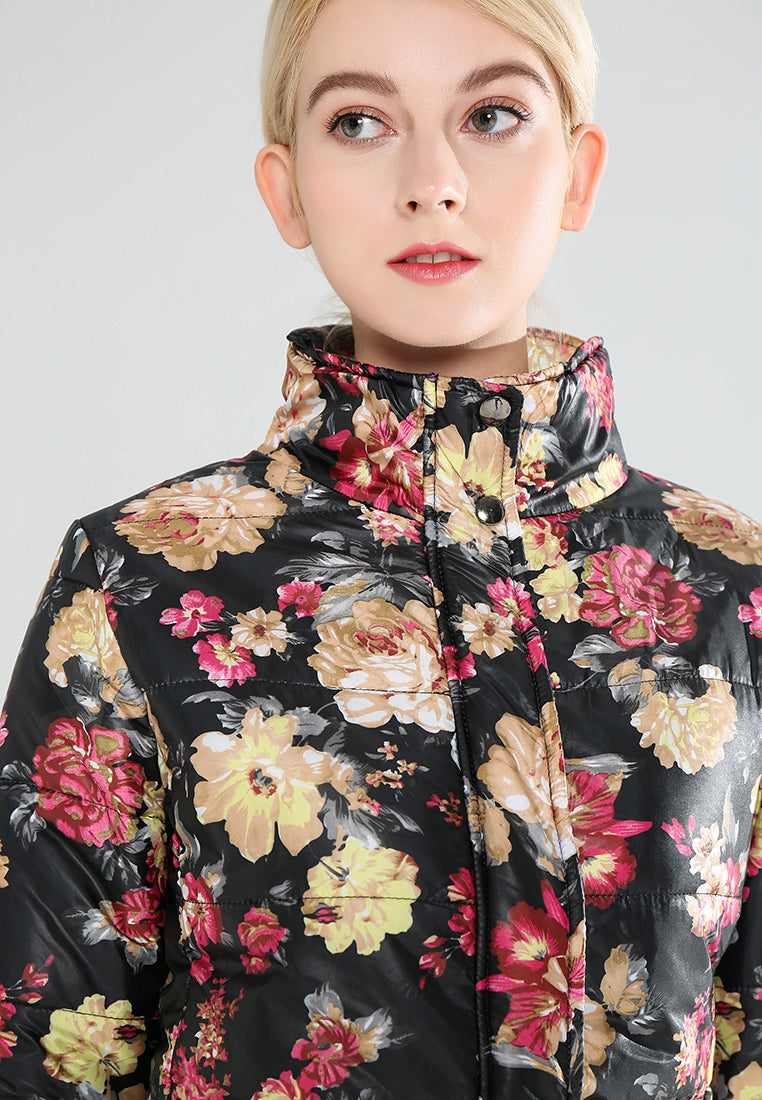 floral print high neck puffer jacket#color_black-floral