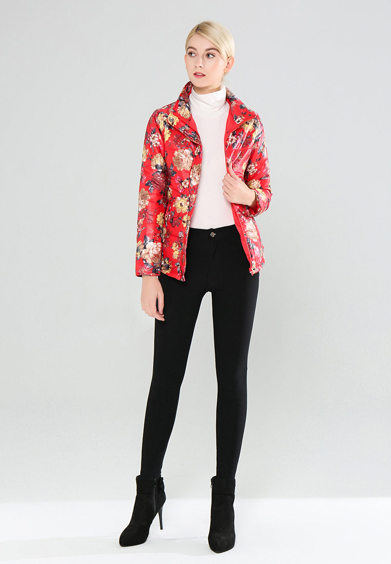 floral print high neck puffer jacket#color_red