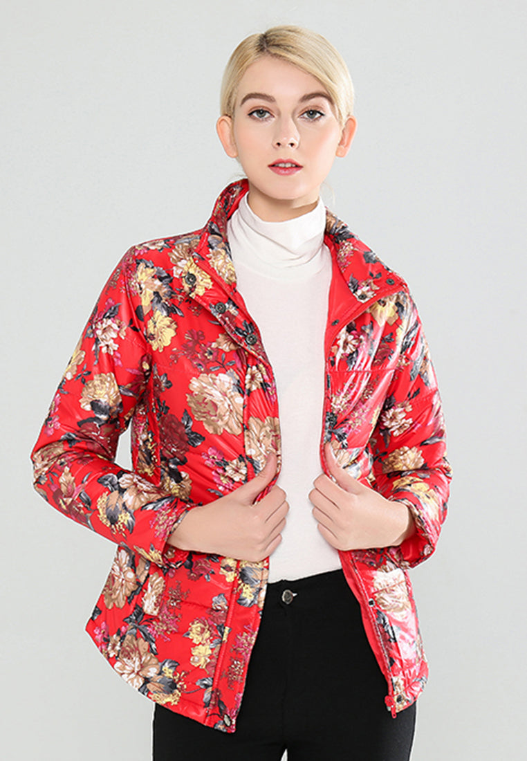 floral print high neck puffer jacket#color_red