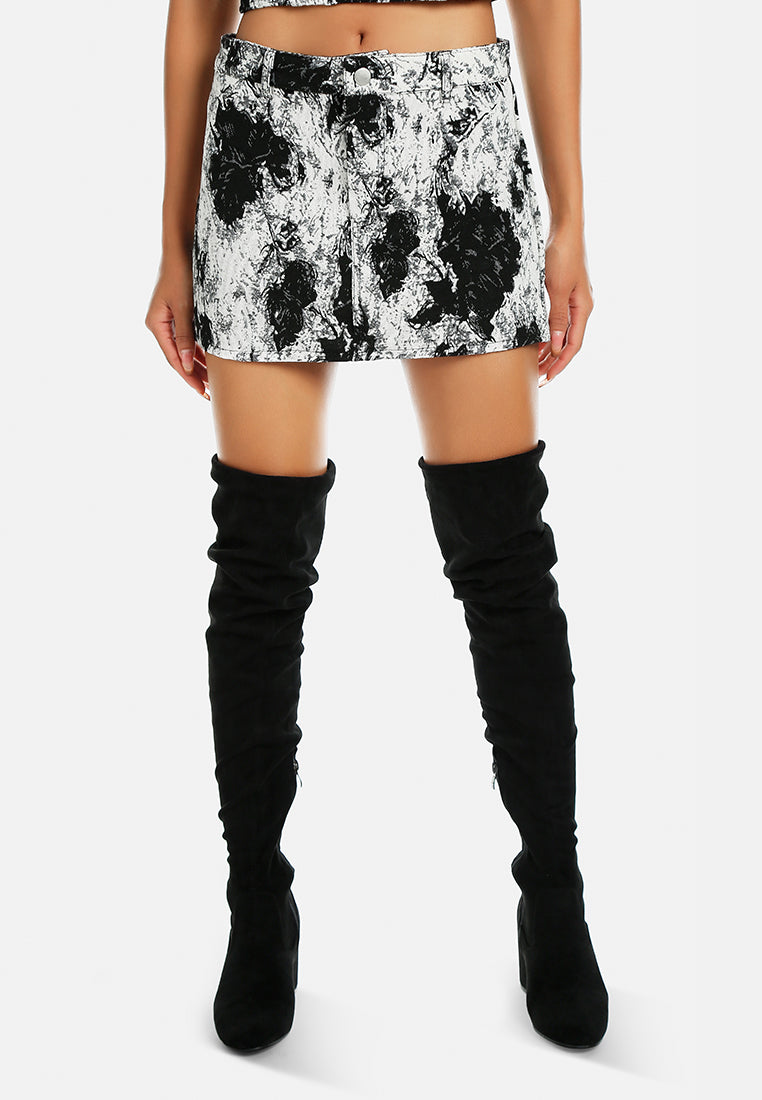 floral print jacquard mini skirt#color_black