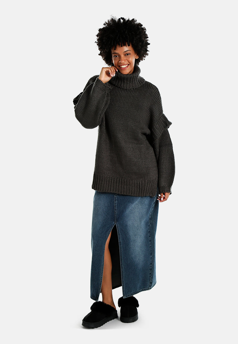 frill detail knitted sweater#color_charcoal-grey