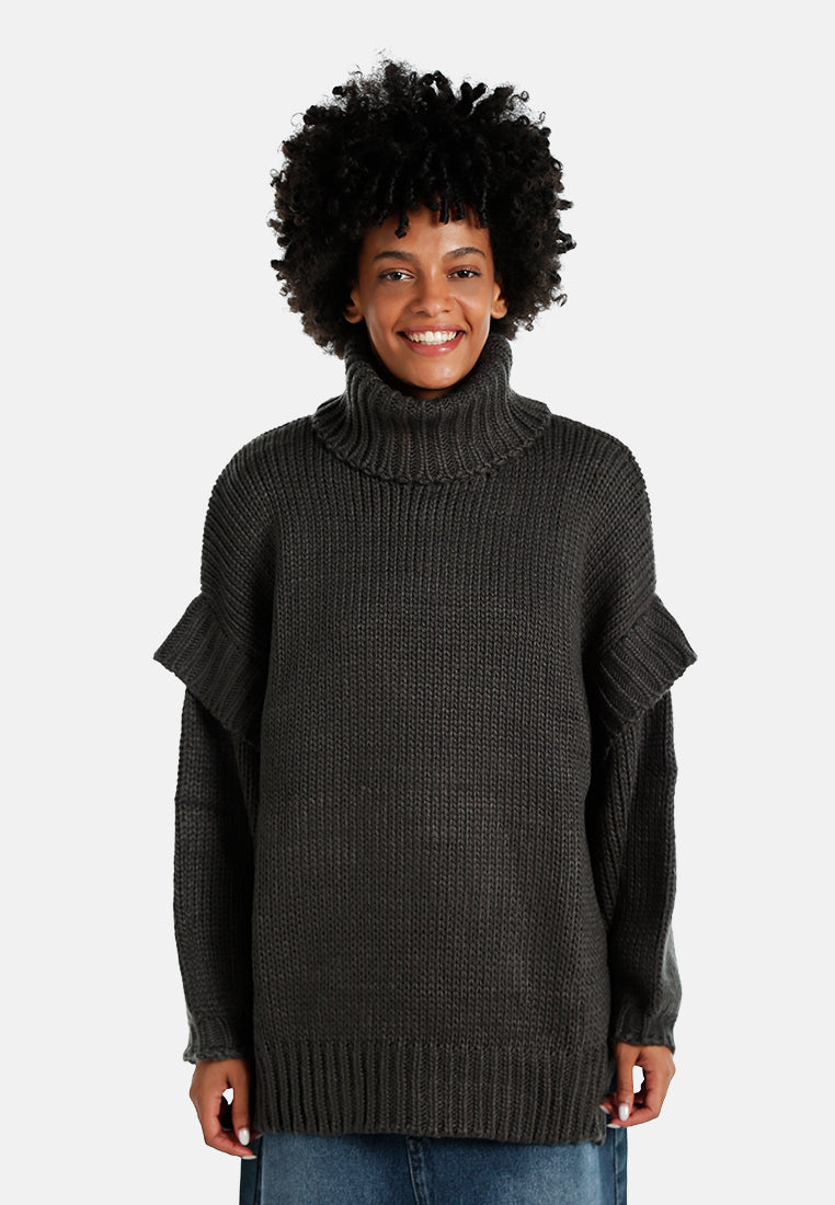 frill detail knitted sweater#color_charcoal-grey