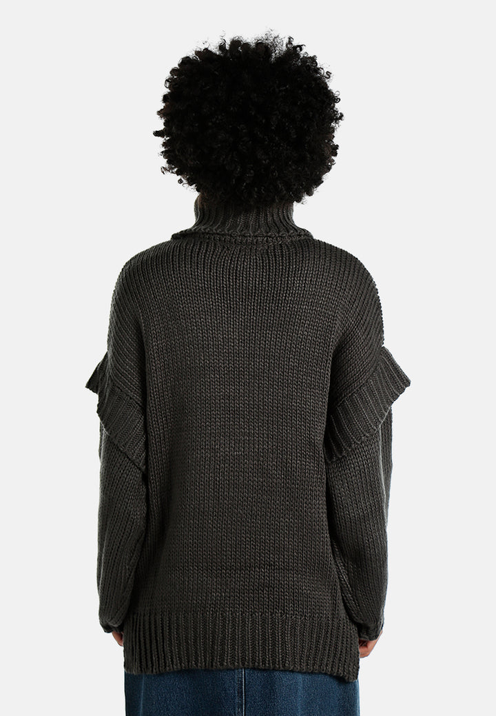 frill detail knitted sweater#color_charcoal-grey