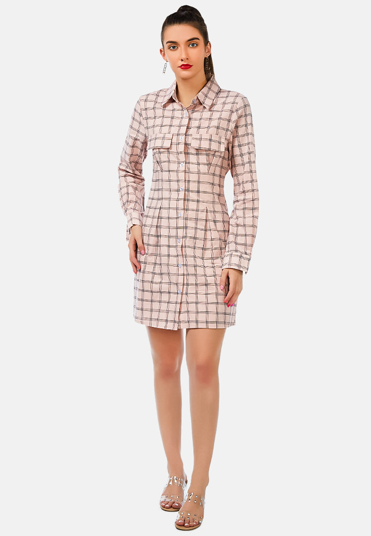 full sleeve chequered shirt dress#color_pink