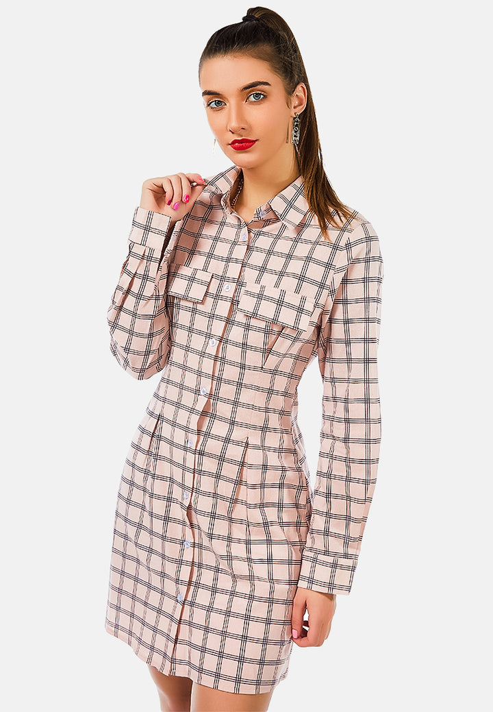 full sleeve chequered shirt dress by ruw#color_pink