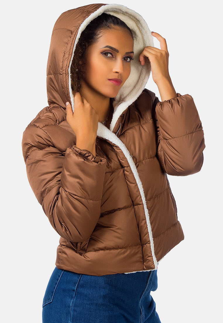 fur hooded puffer jacket#color_brown