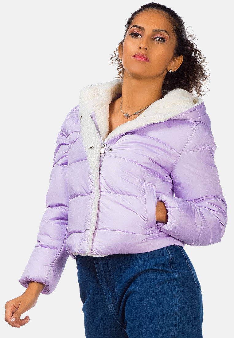 fur hooded puffer jacket#color_lavender