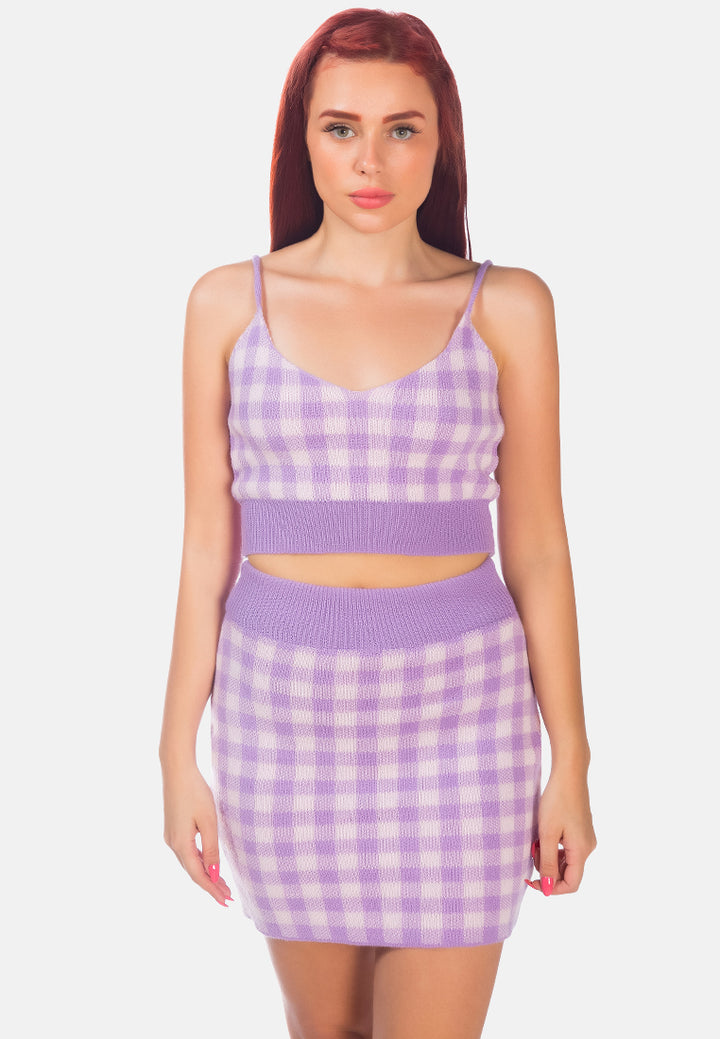gingham checks knitted crop top#color_purple
