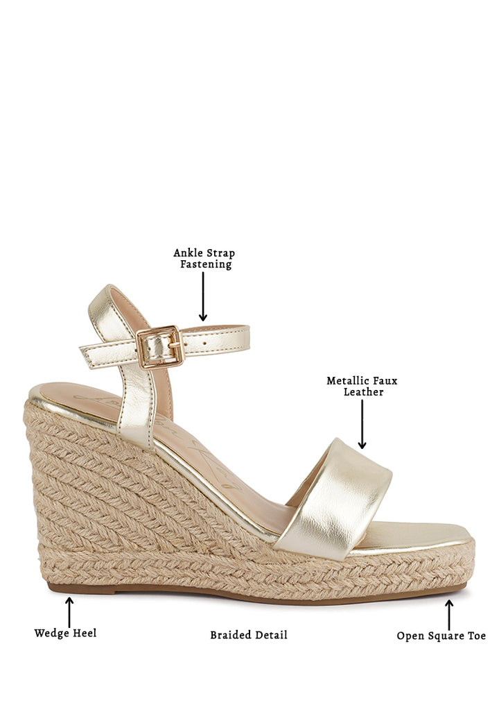 cake walk handcrafted sandals with a high wedge heel#color_gold
