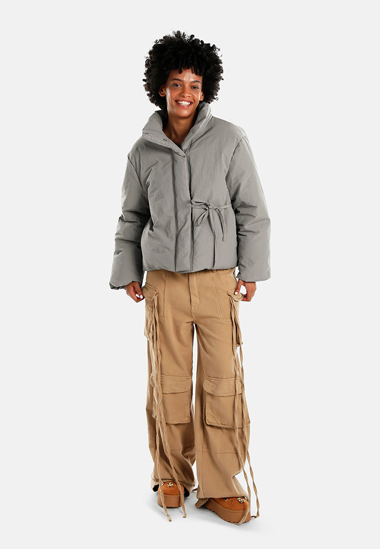 high-neck tie waist quilted jacket#color_taupe