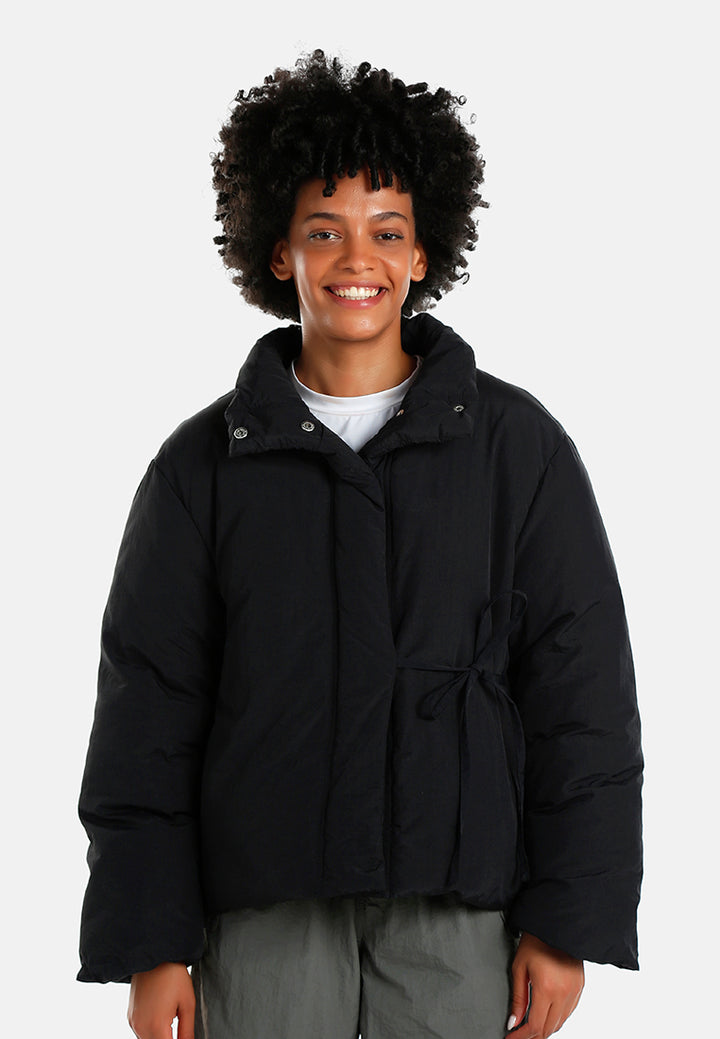 high-neck tie waist quilted jacket#color_black