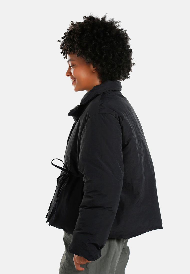 high-neck tie waist quilted jacket#color_black