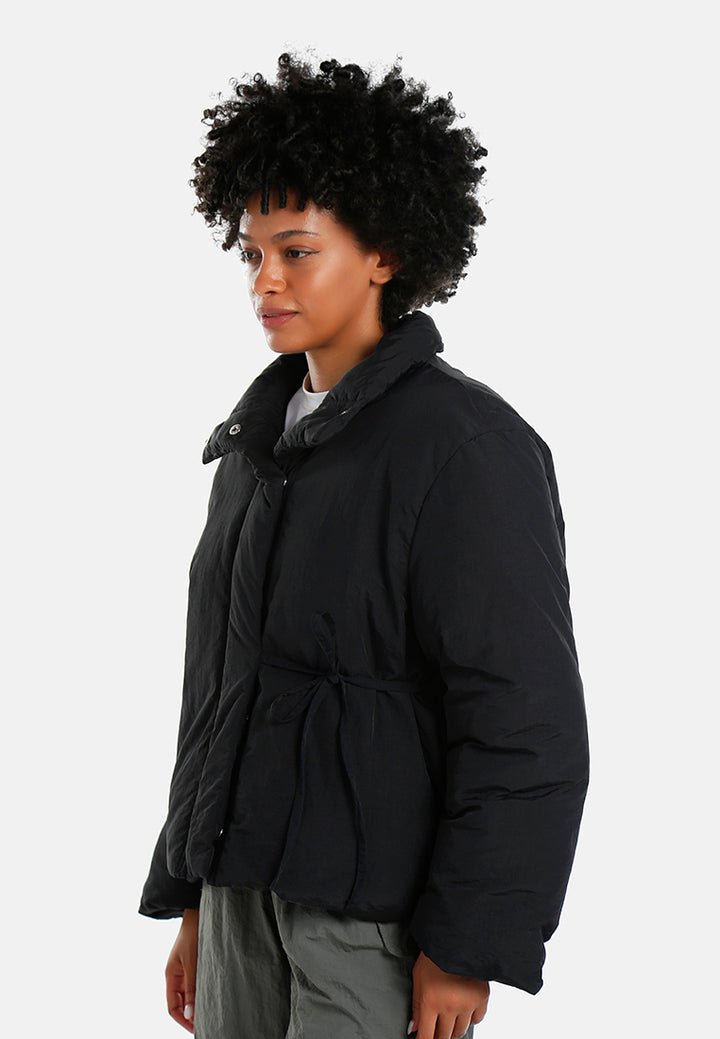 high-neck tie waist quilted jacket#color_black